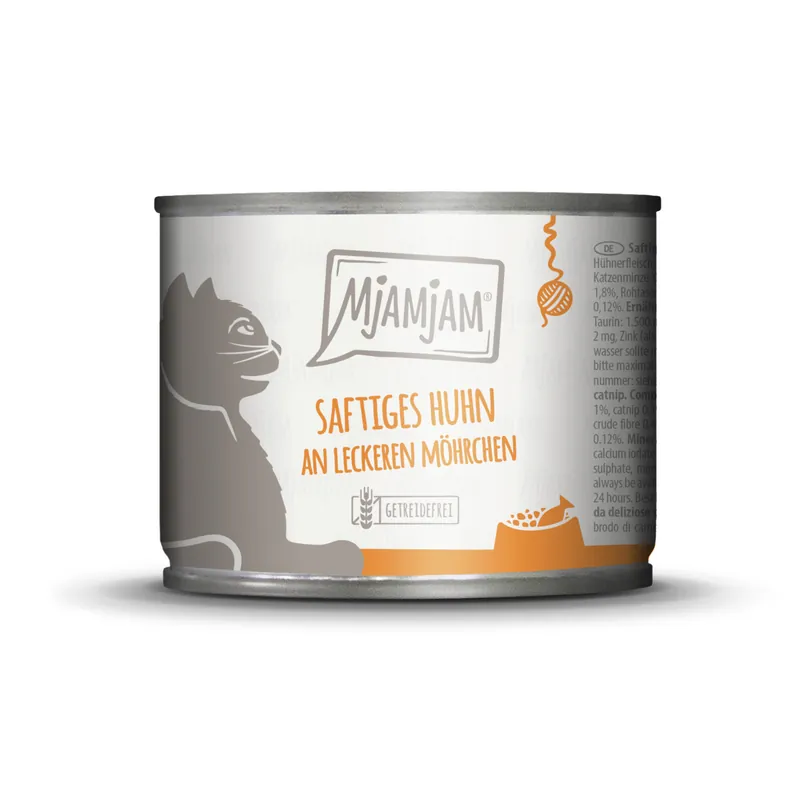 Top-Angebot Sparpaket 6 x 200 g Mjamjam Saftiges Huhn an leckeren Möhrchen mit Katzenminze Katzen Nassfutter